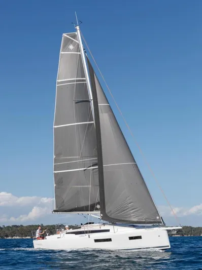  Yacht Photos Pics 2026 Jeanneau Sun Odyssey 350 sailing on open water under clear blue skies.