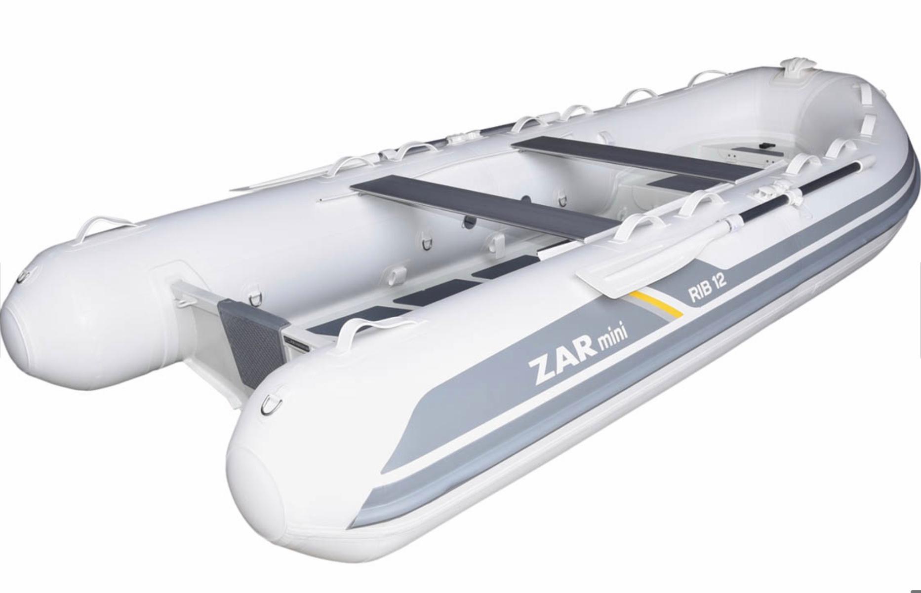 2022 ZAR Mini RIB 12 HDL inflatable boat, white with grey accents.