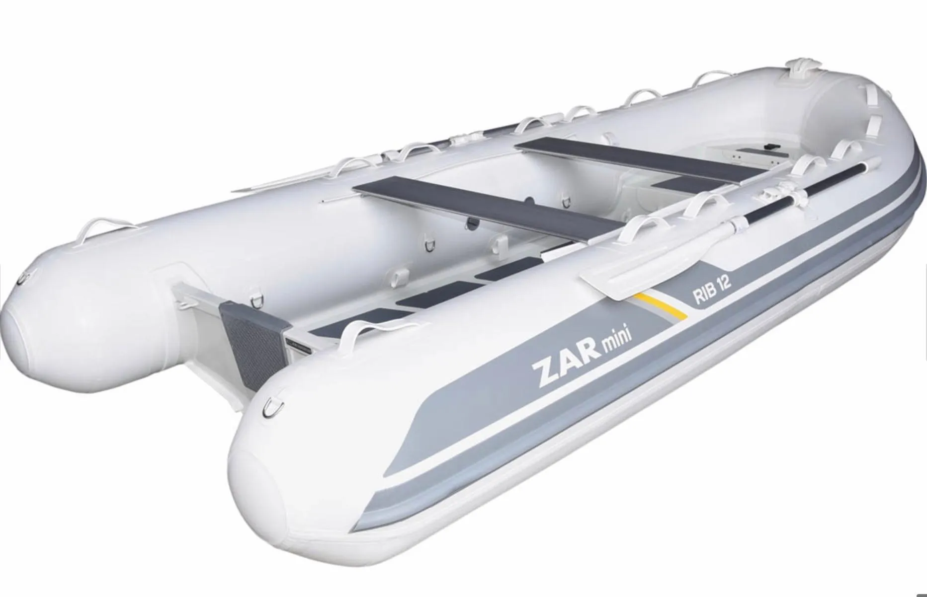 2022 ZAR Mini RIB 12 HDL inflatable boat, white with grey accents.