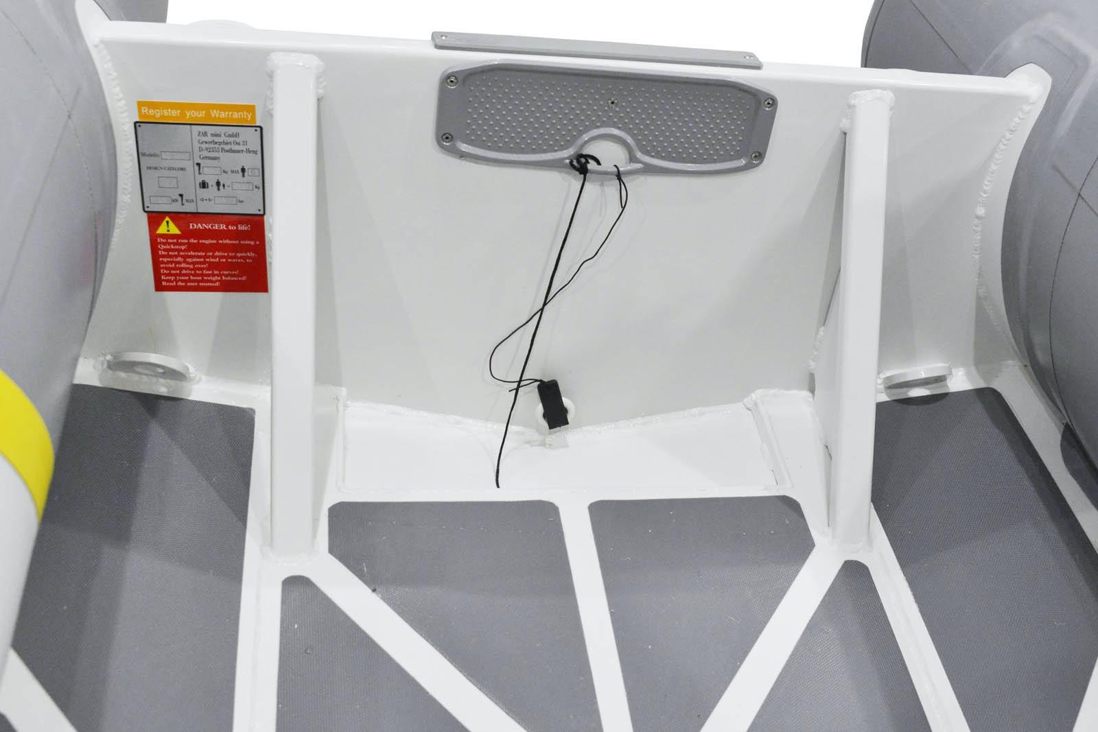 2022 ZAR Mini RIB 12 HDL boat interior with wiring and warning label.