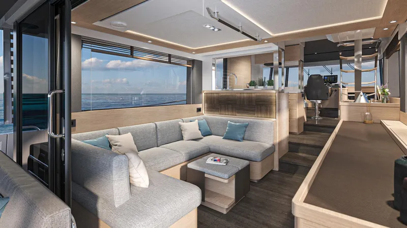  Yacht Photos Pics Luxurious interior of 2025 Beneteau Swift Trawler 54 with modern seating and ocean view.
