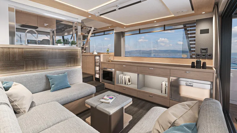  Yacht Photos Pics Luxurious interior of 2025 Beneteau Swift Trawler 54 with modern furnishings and ocean view.