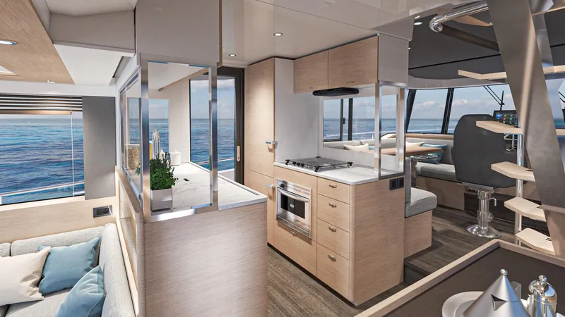  Yacht Photos Pics Luxurious interior of 2025 Beneteau Swift Trawler 54 with modern kitchen and ocean view.