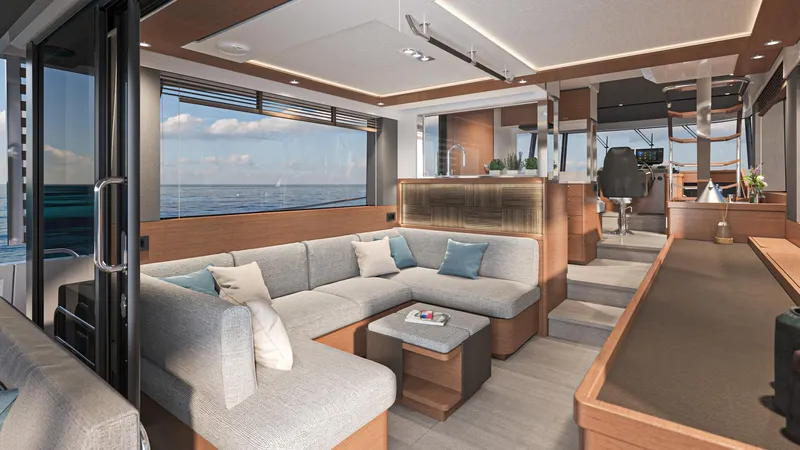  Yacht Photos Pics Luxurious interior of 2025 Beneteau Swift Trawler 54 with modern seating and ocean view.