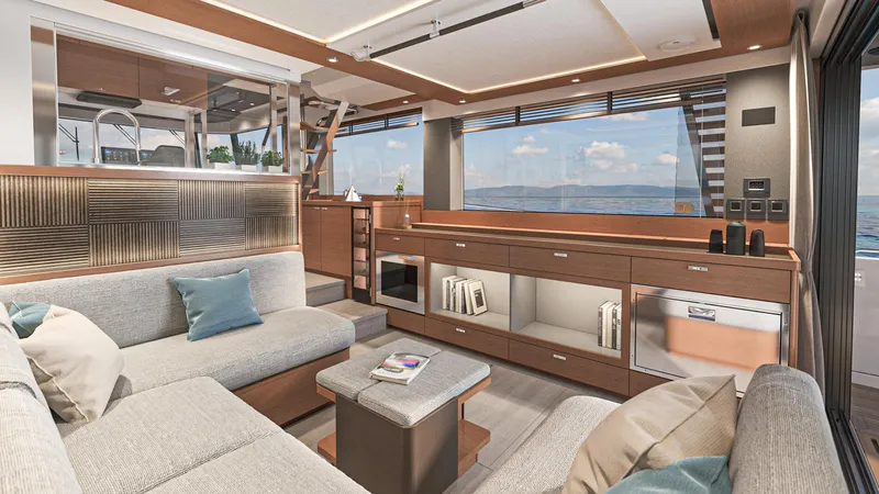  Yacht Photos Pics Luxurious interior of 2025 Beneteau Swift Trawler 54 with modern furnishings and ocean view.