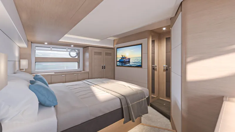  Yacht Photos Pics Luxurious bedroom interior of 2025 Beneteau Swift Trawler 54 yacht.
