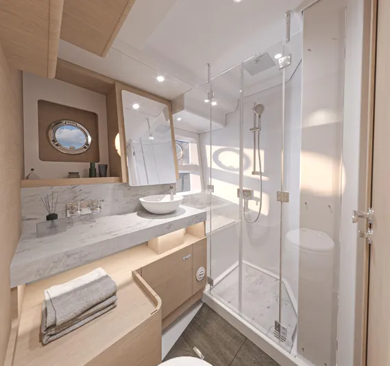  Yacht Photos Pics Luxurious bathroom in 2025 Beneteau Swift Trawler 54 with modern fixtures and elegant design.