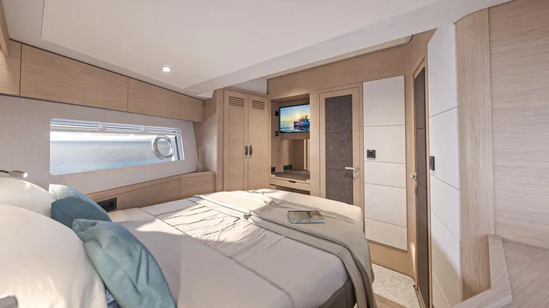  Yacht Photos Pics Luxurious cabin interior of 2025 Beneteau Swift Trawler 54 with modern amenities.