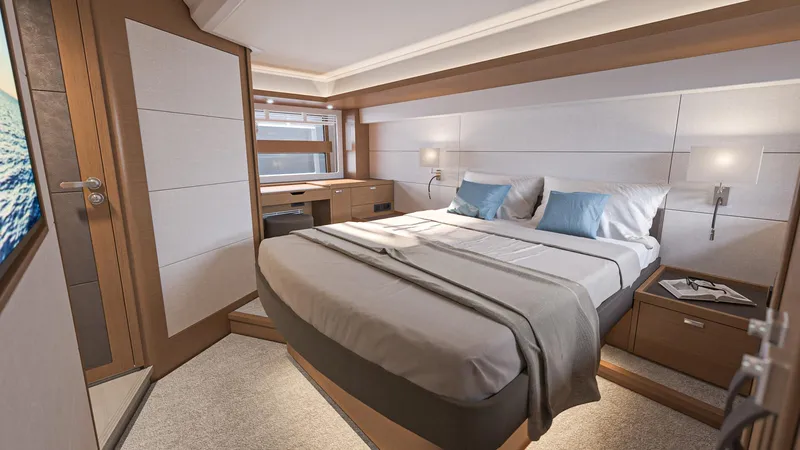  Yacht Photos Pics Luxurious bedroom in 2025 Beneteau Swift Trawler 54 yacht, featuring modern design and cozy ambiance.