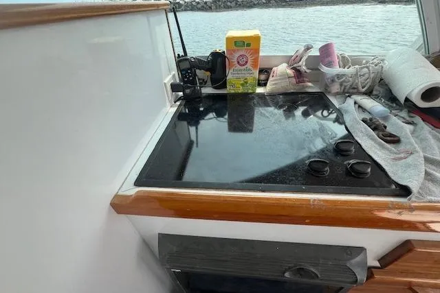 Tere Sue Yacht Photos Pics 2007 Northern Bay Hardtop Cruiser kitchen area with stove, cleaning supplies, and ocean view.