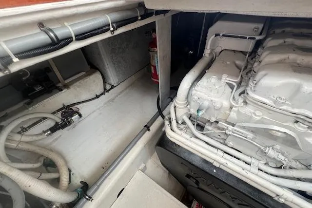 Tere Sue Yacht Photos Pics Engine compartment of a 2007 Northern Bay Hardtop Cruiser/Fishing Vessel, showing mechanical components.