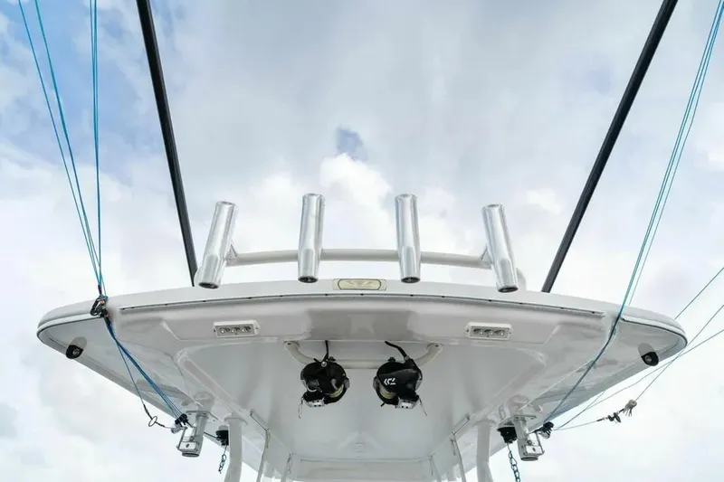 Surreel Yacht Photos Pics Bonadeo 37 Custom Carolina YT WalkAround boat, 2016, viewed from below against cloudy sky.