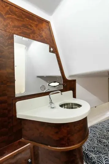 Surreel Yacht Photos Pics 2016 Bonadeo 37 Custom Carolina YT WalkAround interior with wooden vanity and sink.