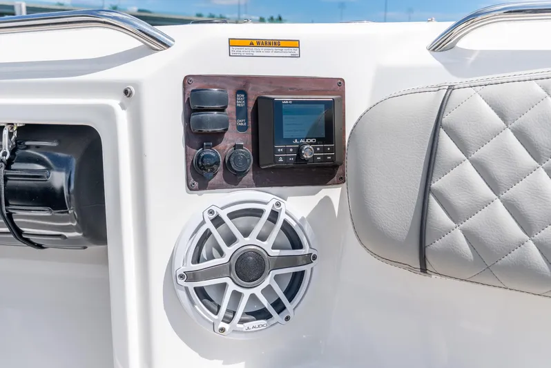 Sea Phase Yacht Photos Pics Control panel of 2024 Pursuit S 358 Sport boat with JL Audio system.