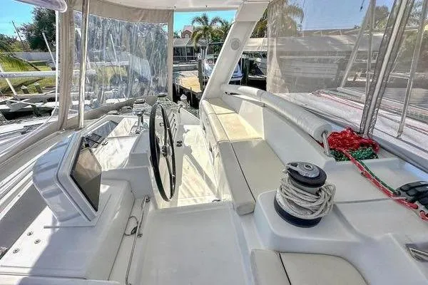 Brizo Yacht Photos Pics Cockpit of 2006 Lagoon 440 catamaran with steering wheel and navigation equipment.