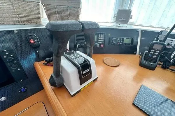 Brizo Yacht Photos Pics Control panel of a 2006 Lagoon 440 catamaran with navigation equipment.