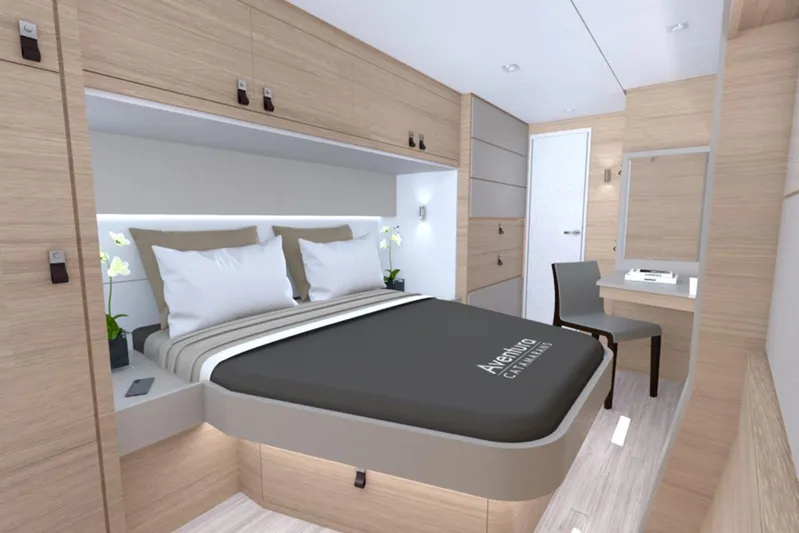  Yacht Photos Pics Modern Aventura 45 yacht bedroom interior, 2026 model, featuring sleek design and elegant furnishings.