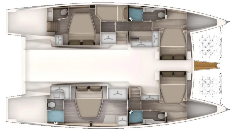  Yacht Photos Pics Floor plan of Aventura 45 catamaran, 2026 model, featuring cabins and bathrooms.