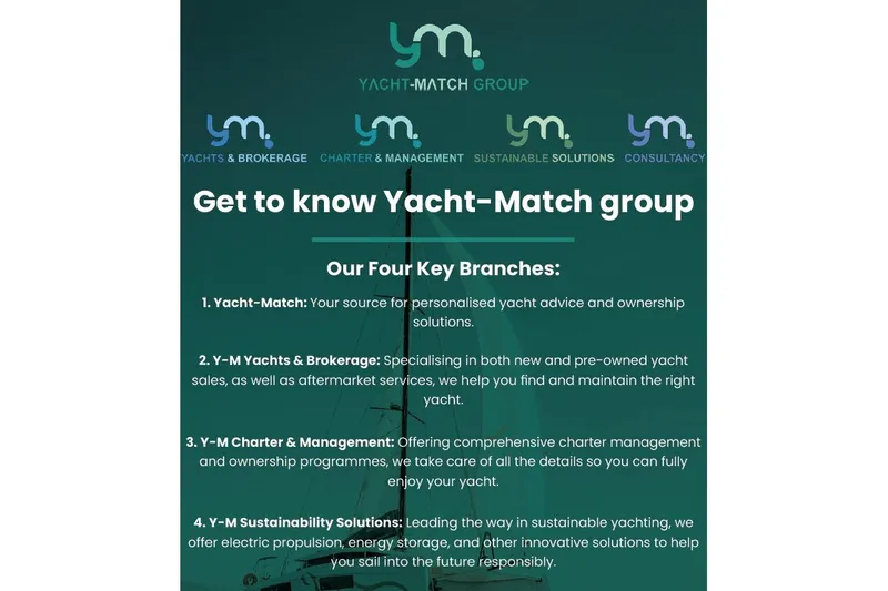 Aventura 45 - 3 Cab - Owner Version - March 2026! Yacht Photos Pics Yacht-Match Group overview with four key branches: brokerage, management, sustainability, consultancy.