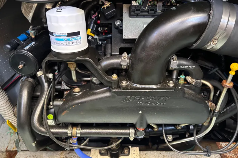  Yacht Photos Pics Engine of a 1985 Egg Harbor 37 Tournament boat with Quicksilver oil filter.