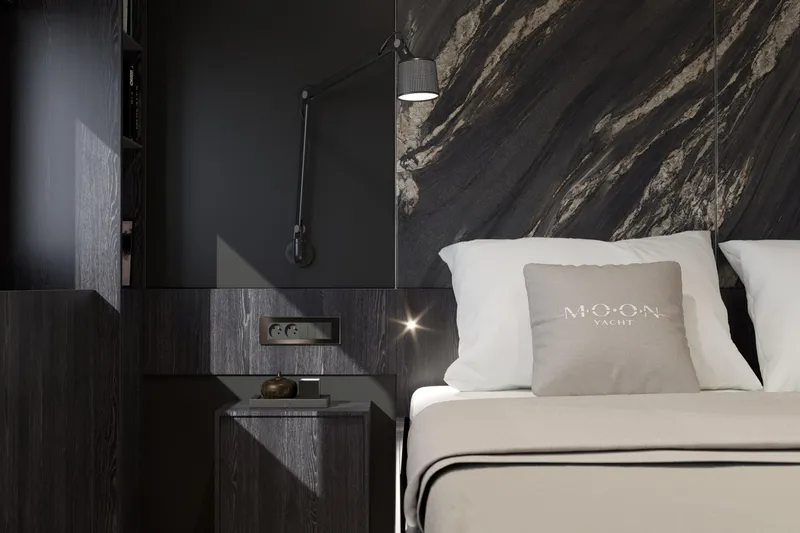  Yacht Photos Pics Luxurious yacht bedroom with modern design, featuring Moon 100 model, 2025.