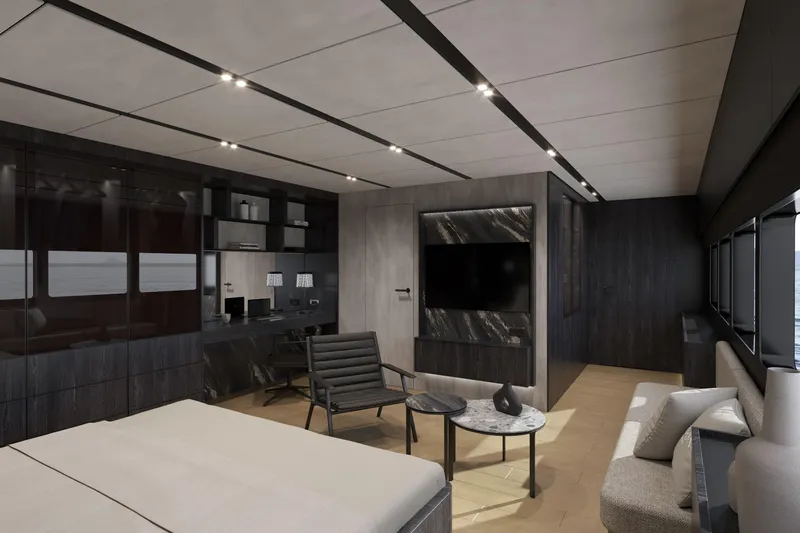  Yacht Photos Pics Luxurious modern yacht interior with sleek design, featuring a spacious living area and advanced amenities.