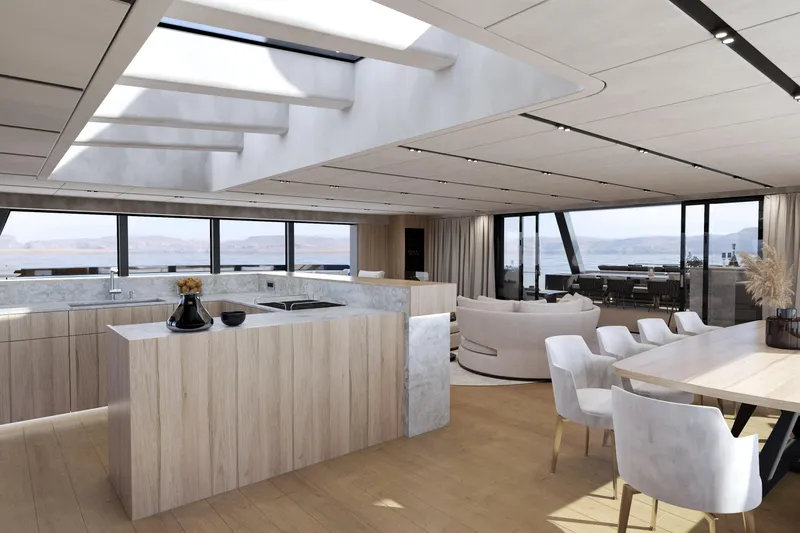  Yacht Photos Pics Luxurious yacht interior with modern kitchen and dining area, Moon 100 model, 2025.