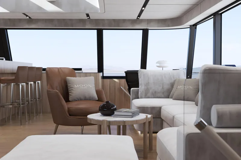  Yacht Photos Pics Luxurious interior of 2025 Moon 100 yacht with modern seating and panoramic windows.