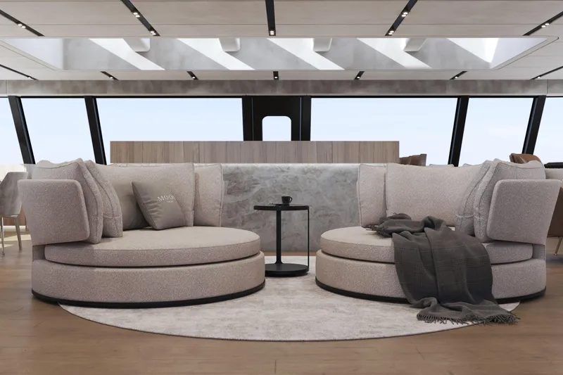  Yacht Photos Pics Luxurious yacht interior with round sofas, modern decor, and skylights, Moon 100 model, 2025.