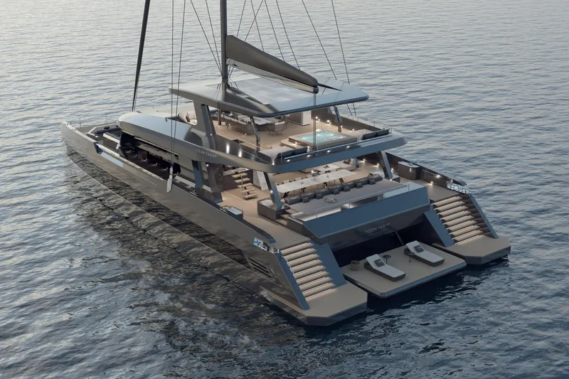  Yacht Photos Pics Luxurious 2025 Moon 100 yacht on serene water, featuring elegant design and spacious decks.