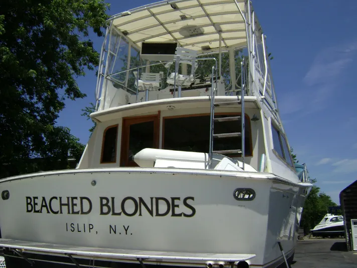  Yacht Photos Pics 1985 Egg Harbor 37 Tournament boat named "Beached Blondes" docked in Islip, N.Y.