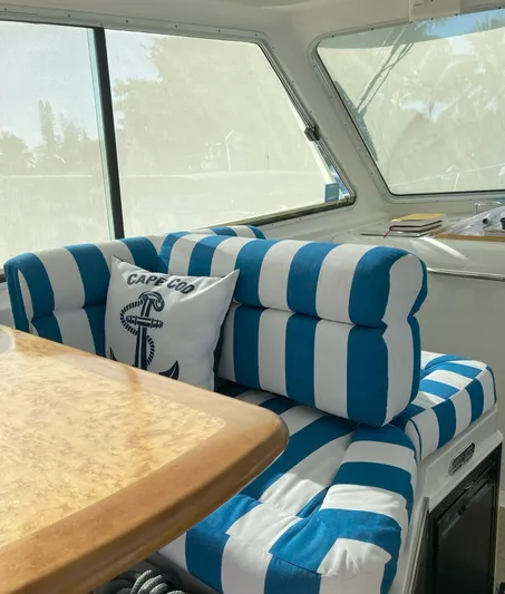  Yacht Photos Pics Interior of a 2009 Back Cove 33 with striped upholstery.