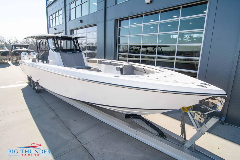  Yacht Photos Pics 2023 Hayaari Marine H44Z boat on trailer at Big Thunder Marine dealership.