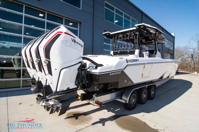  Yacht Photos Pics 2023 Hayaari Marine H44Z boat with quad engines on a trailer.
