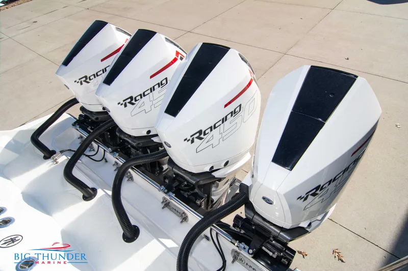  Yacht Photos Pics Four powerful outboard engines on a 2023 Hayaari Marine H44Z boat.