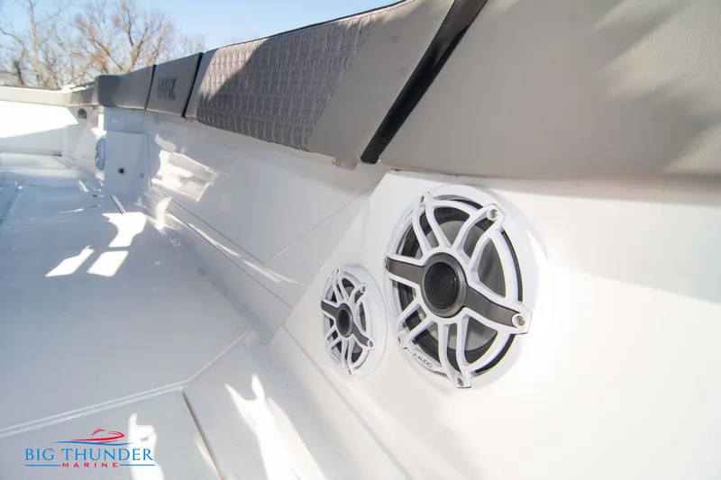  Yacht Photos Pics 2023 Hayaari Marine H44Z boat interior with speakers and seating, Big Thunder Marine logo.