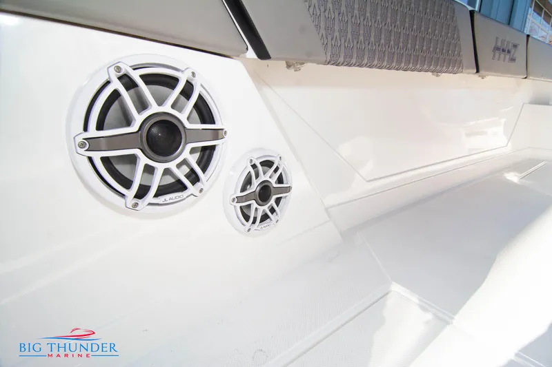  Yacht Photos Pics Hayaari Marine H44Z 2023 boat interior with built-in speakers, Big Thunder Marine logo.