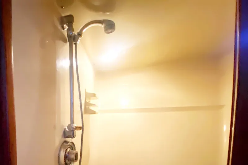 Sea Sharp Yacht Photos Pics Shower area inside 1990 Viking 63 Motor Yacht, featuring chrome fixtures and built-in shelves.