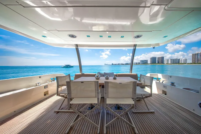 Oceana Yacht Photos Pics Luxury yacht deck view, Prestige 750, 2015 model, overlooking ocean and city skyline.