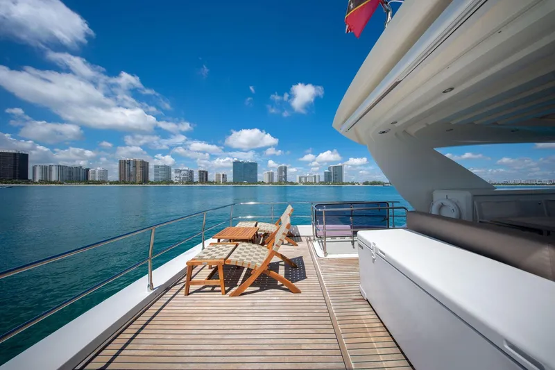 Oceana Yacht Photos Pics Luxurious 2015 Prestige 750 yacht deck with city skyline and ocean view.