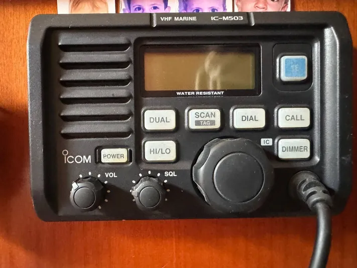  Yacht Photos Pics VHF marine radio IC-M503 on 2004 Beneteau 50 yacht, featuring various control buttons and knobs.