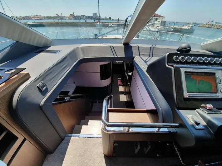  Yacht Photos Pics Interior view of 2010 Galeon 700 Raptor SkyDeck yacht, featuring helm and stairs.