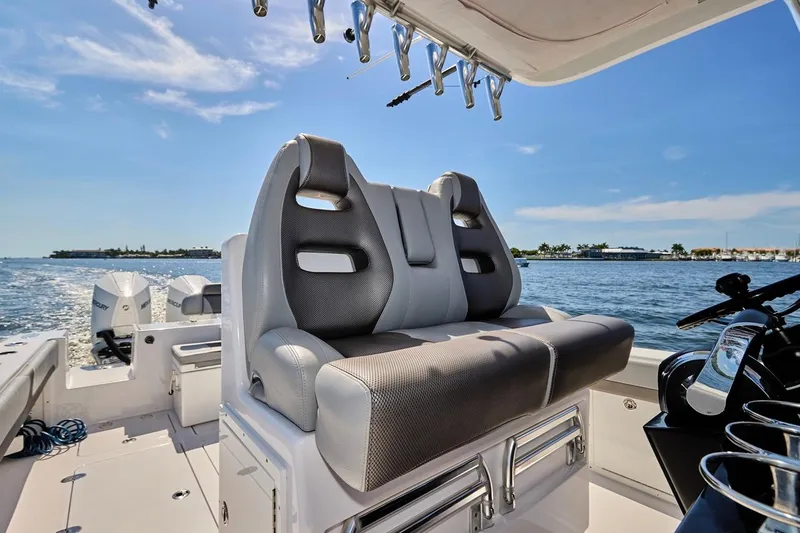  Yacht Photos Pics Luxury seating on a 2022 Bluewater 35 boat, cruising on a sunny day.