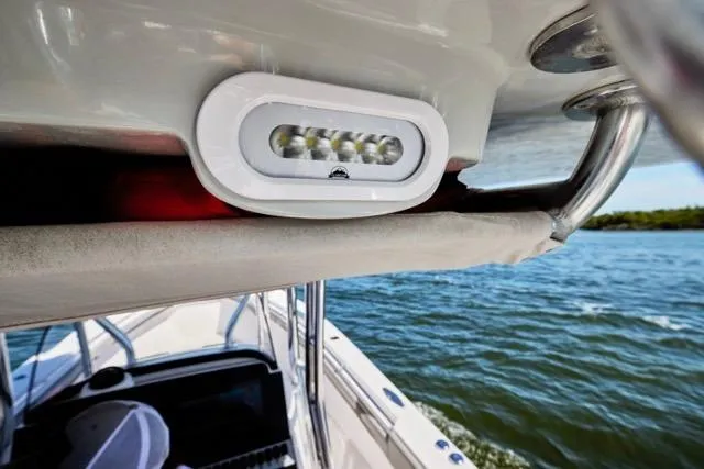  Yacht Photos Pics LED light on 2022 Bluewater 35 boat, overlooking water.