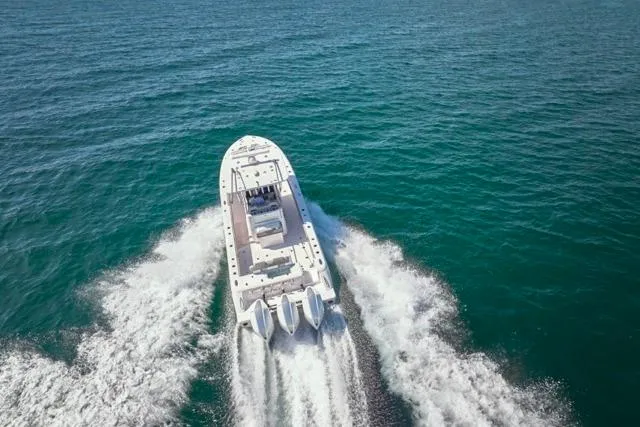  Yacht Photos Pics Bluewater 35 boat cruising on open sea, 2022 model, aerial view.