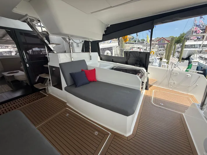 Darla Jay Yacht Photos Pics 2023 Fountaine Pajot Aura 51 yacht interior with sleek seating and modern design.