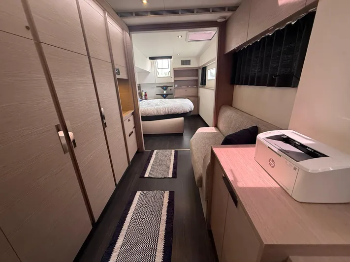 Darla Jay Yacht Photos Pics Luxurious interior of 2023 Fountaine Pajot Aura 51 yacht with modern furnishings.