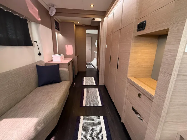 Darla Jay Yacht Photos Pics Interior of 2023 Fountaine Pajot Aura 51 yacht, featuring modern design and cozy seating.