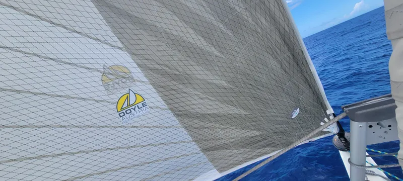 Darla Jay Yacht Photos Pics Sailing on a 2023 Fountaine Pajot Aura 51 with Doyle sail in open ocean.