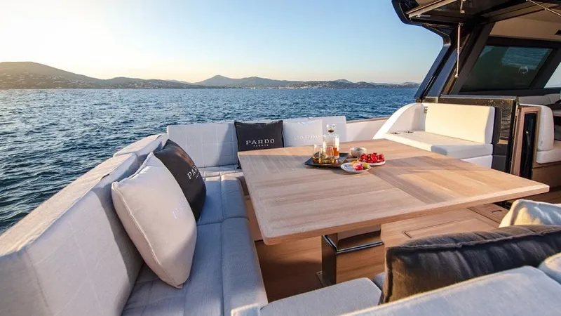  Yacht Photos Pics Luxurious 2026 Pardo Yachts GT52 deck with elegant seating and ocean view.
